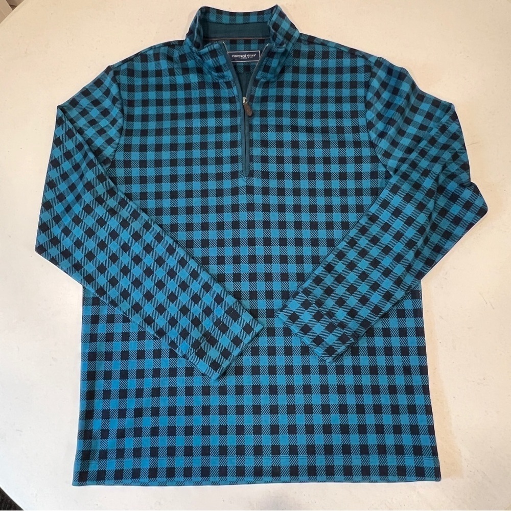 Vineyard Vines Quarter Zip Pullover Maritime Blue Black Gingham Plaid NWOT Med